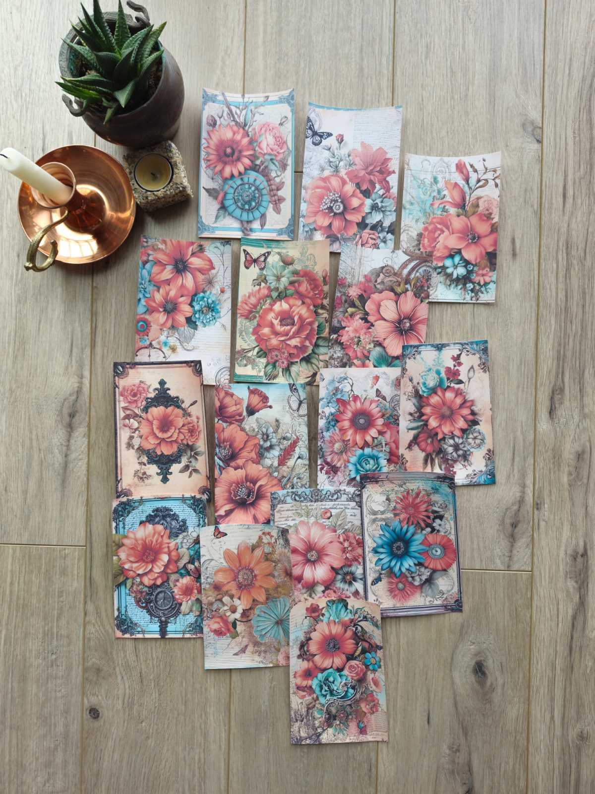 15 Adet Vintage Turkuaz Mercan Gül Temalı Scrapbook Kağıt Seti Bullet Journal Dekupaj Kağıdı