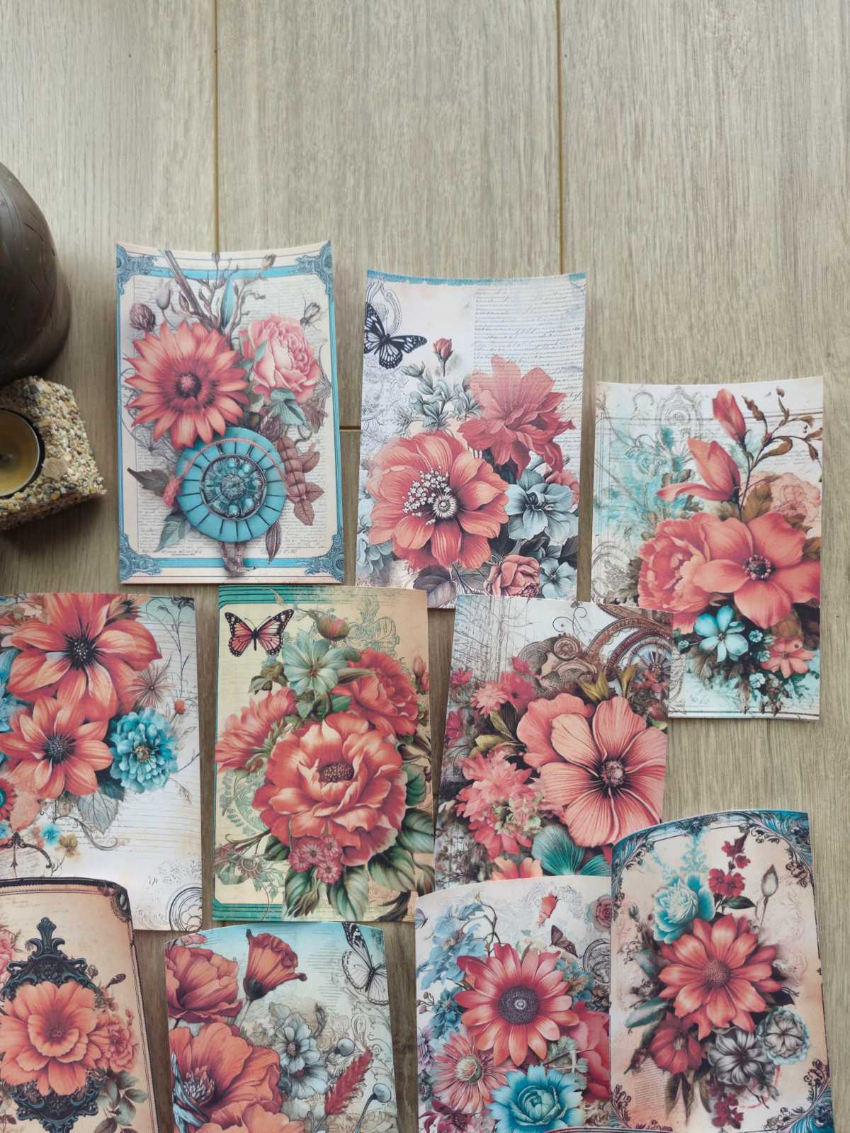 15 Adet Vintage Turkuaz Mercan Gül Temalı Scrapbook Kağıt Seti Bullet Journal Dekupaj Kağıdı