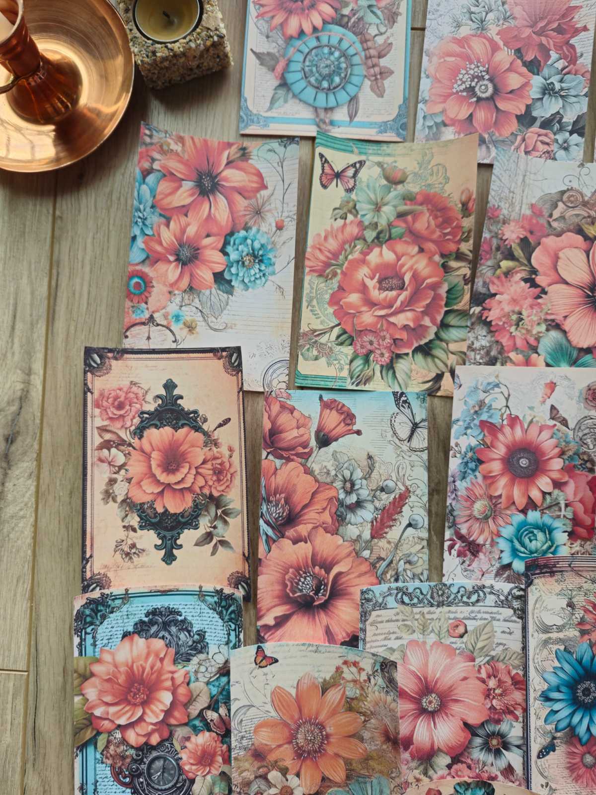 15 Adet Vintage Turkuaz Mercan Gül Temalı Scrapbook Kağıt Seti Bullet Journal Dekupaj Kağıdı