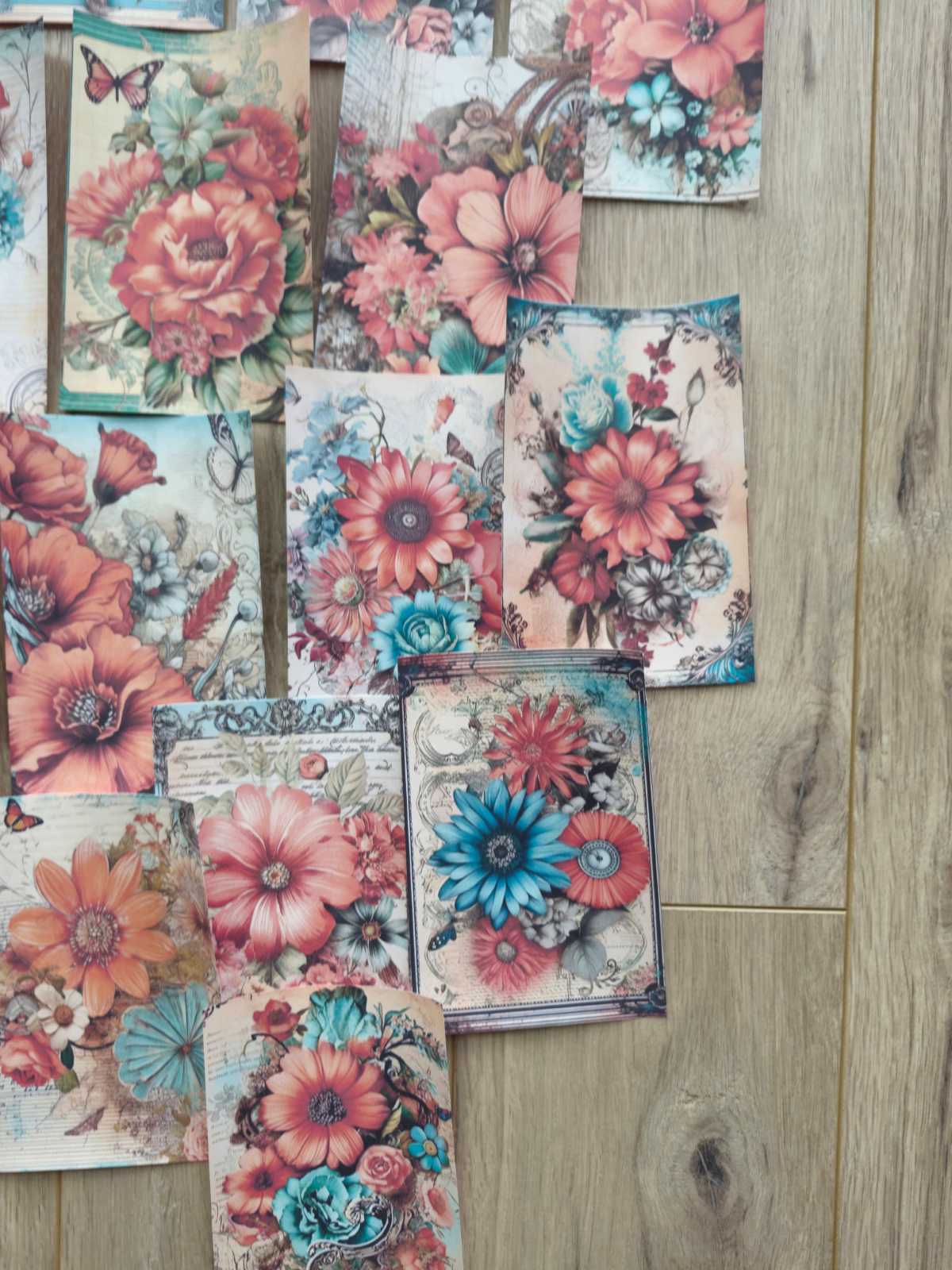 15 Adet Vintage Turkuaz Mercan Gül Temalı Scrapbook Kağıt Seti Bullet Journal Dekupaj Kağıdı