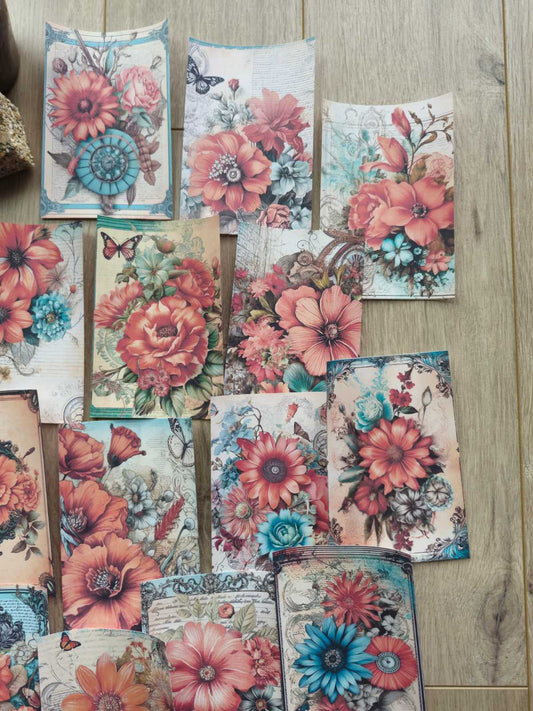 15 Adet Vintage Turkuaz Mercan Gül Temalı Scrapbook Kağıt Seti Bullet Journal Dekupaj Kağıdı