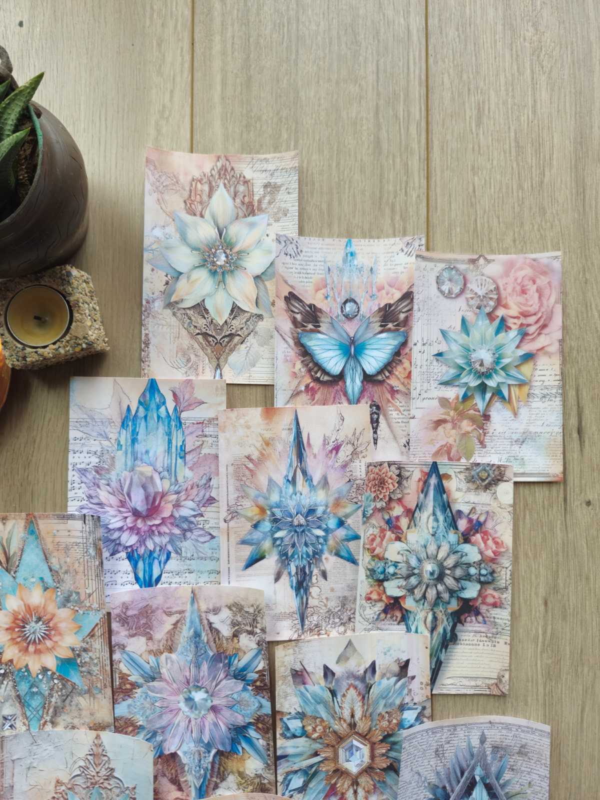 15 Adet Vintage Kristal Çiçek Temalı Scrapbook Kağıt Seti Bullet Journal Dekupaj Kağıdı