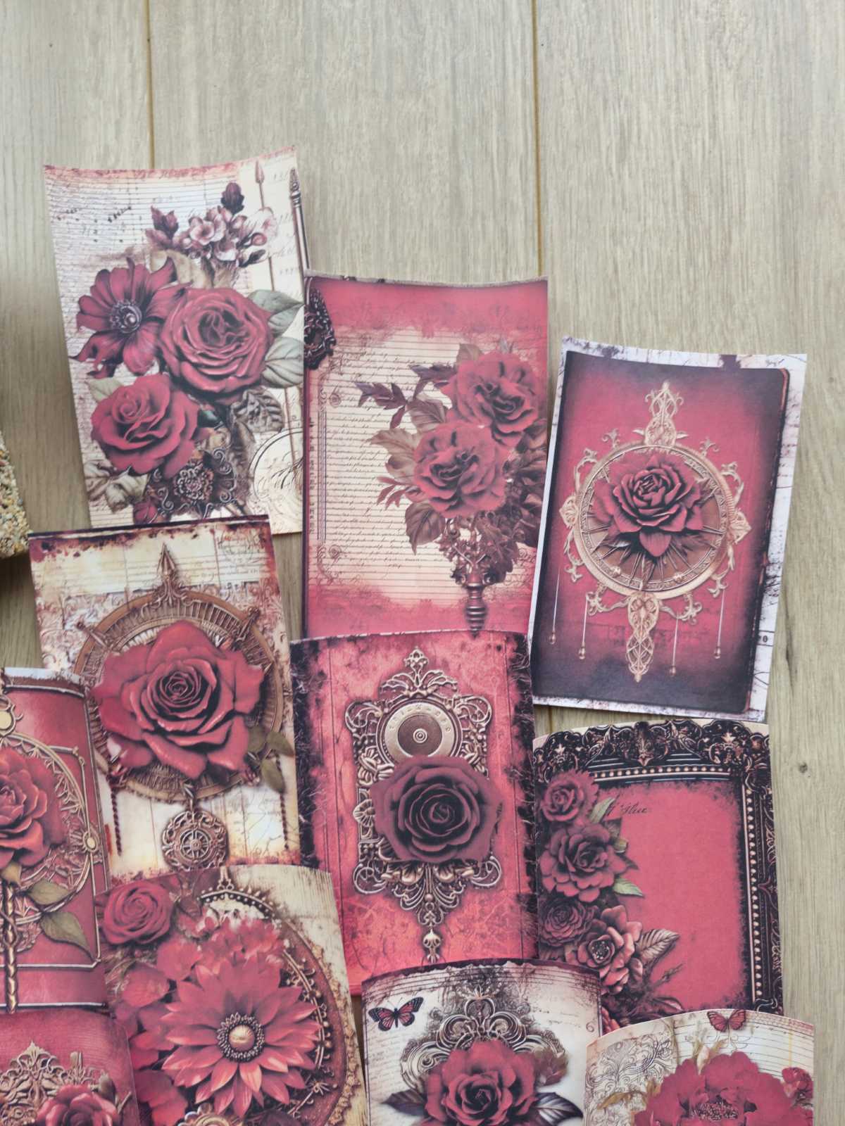 15 Adet Vintage Bordo Kırmızı Gül Temalı Scrapbook Kağıt Seti Bullet Journal Dekupaj Kağıdı