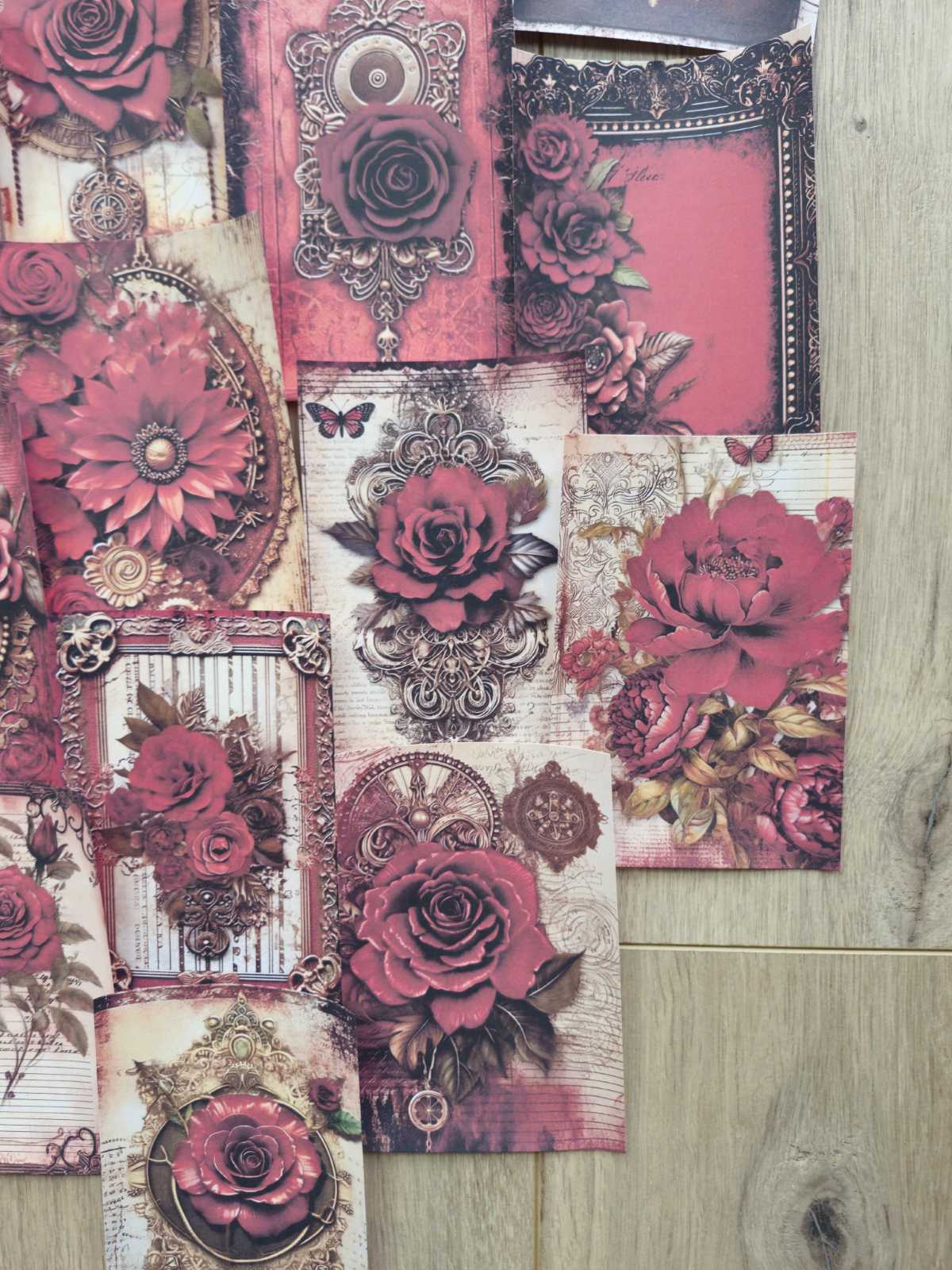 15 Adet Vintage Bordo Kırmızı Gül Temalı Scrapbook Kağıt Seti Bullet Journal Dekupaj Kağıdı