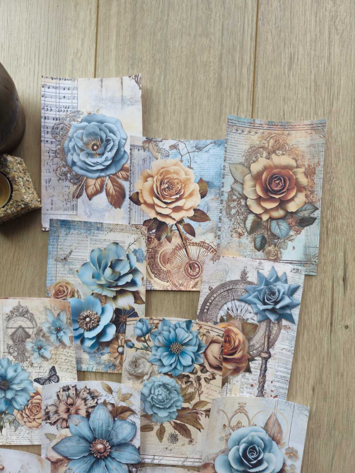 15 Adet Vintage Eskitme Mavi Gül Çiçek Temalı Scrapbook Kağıt Seti Bullet Journal Dekupaj Kağıdı