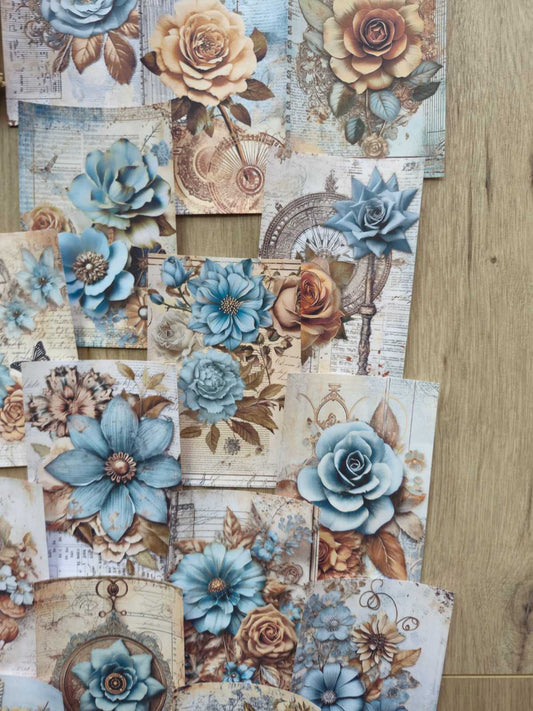 15 Adet Vintage Eskitme Mavi Gül Çiçek Temalı Scrapbook Kağıt Seti Bullet Journal Dekupaj Kağıdı
