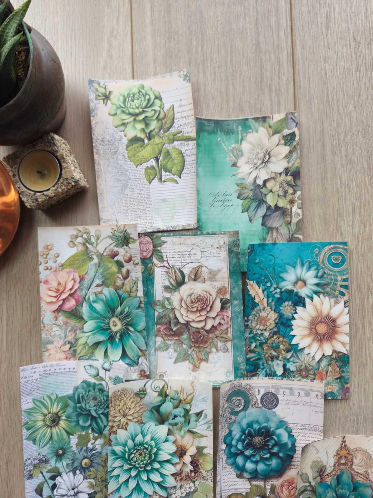 15 Adet Vintage Eskitme Yeşil Gül Çiçek Temalı Scrapbook Kağıt Seti Bullet Journal Dekupaj Kağıdı