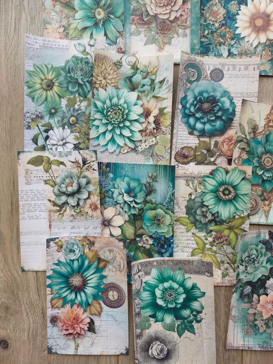 15 Adet Vintage Eskitme Yeşil Gül Çiçek Temalı Scrapbook Kağıt Seti Bullet Journal Dekupaj Kağıdı