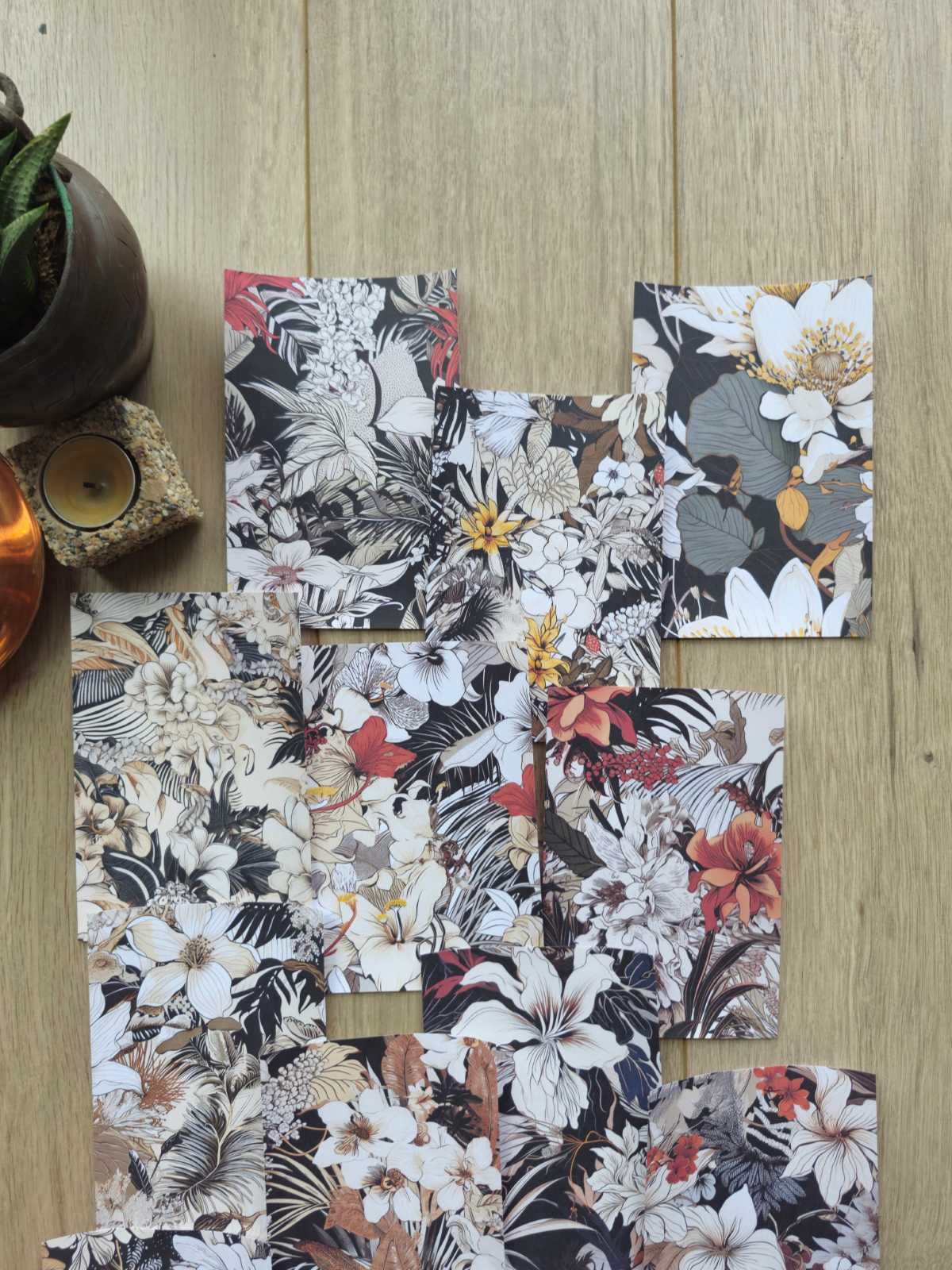 15 Adet Kırmızı Siyah Beyaz Çiçek Temalı Scrapbook Kağıt Seti Bullet Journal Dekupaj Kağıdı