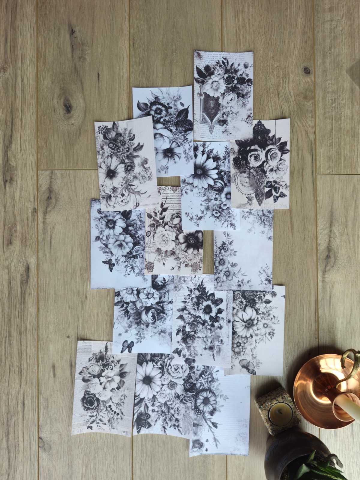 14 Adet Siyah Beyaz Çiçek Temalı Scrapbook Kağıt Seti Bullet Journal Dekupaj Kağıdı