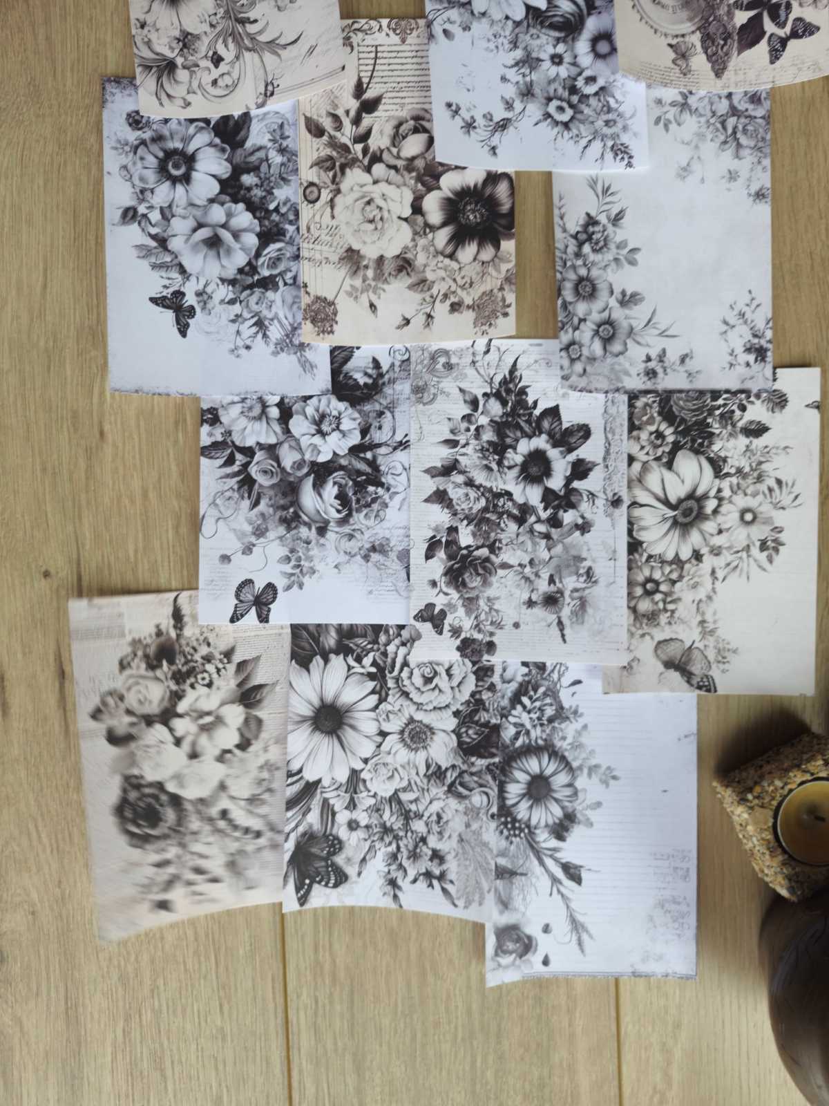 14 Adet Siyah Beyaz Çiçek Temalı Scrapbook Kağıt Seti Bullet Journal Dekupaj Kağıdı
