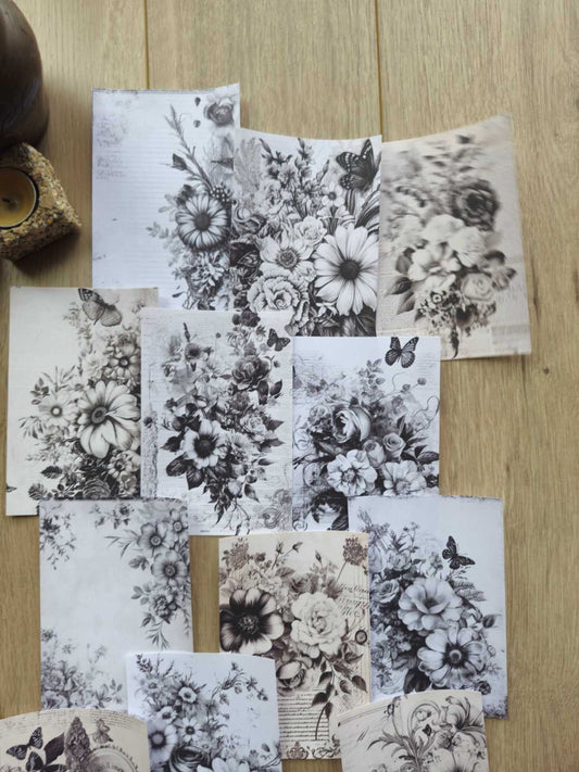 14 Adet Siyah Beyaz Çiçek Temalı Scrapbook Kağıt Seti Bullet Journal Dekupaj Kağıdı