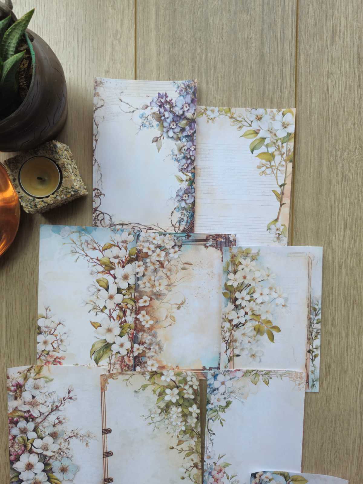 15 Adet Vintage Eskitme Kenar Çiçek Temalı Scrapbook Kağıt Seti Bullet Journal Dekupaj Kağıdı