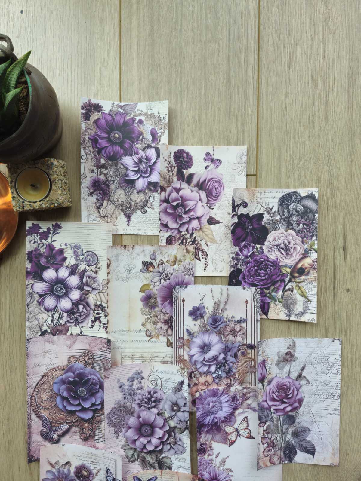 15 Adet Vintage Eskitme Mor Gül Çiçek Temalı Scrapbook Kağıt Seti Bullet Journal Dekupaj Kağıdı