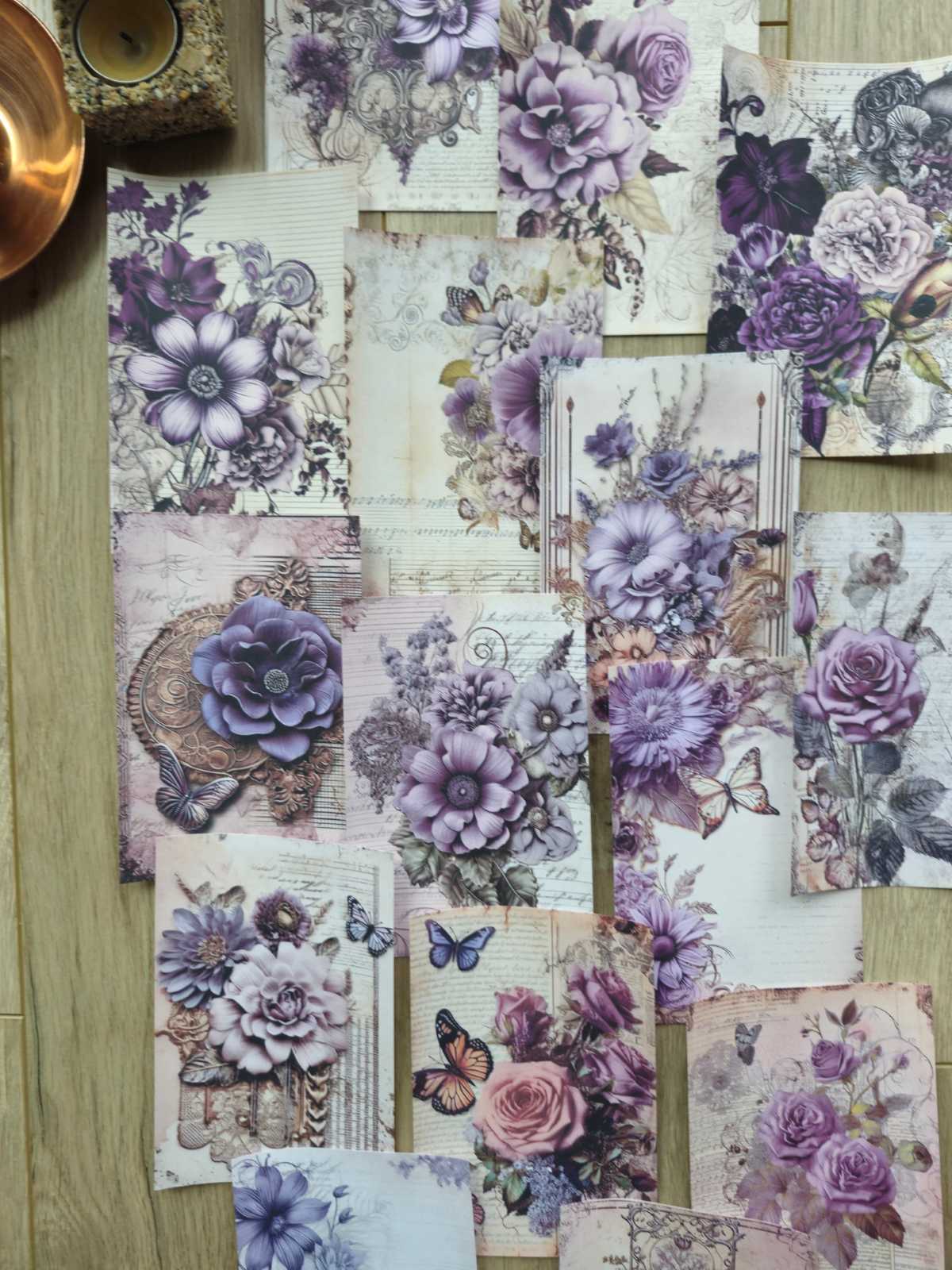15 Adet Vintage Eskitme Mor Gül Çiçek Temalı Scrapbook Kağıt Seti Bullet Journal Dekupaj Kağıdı