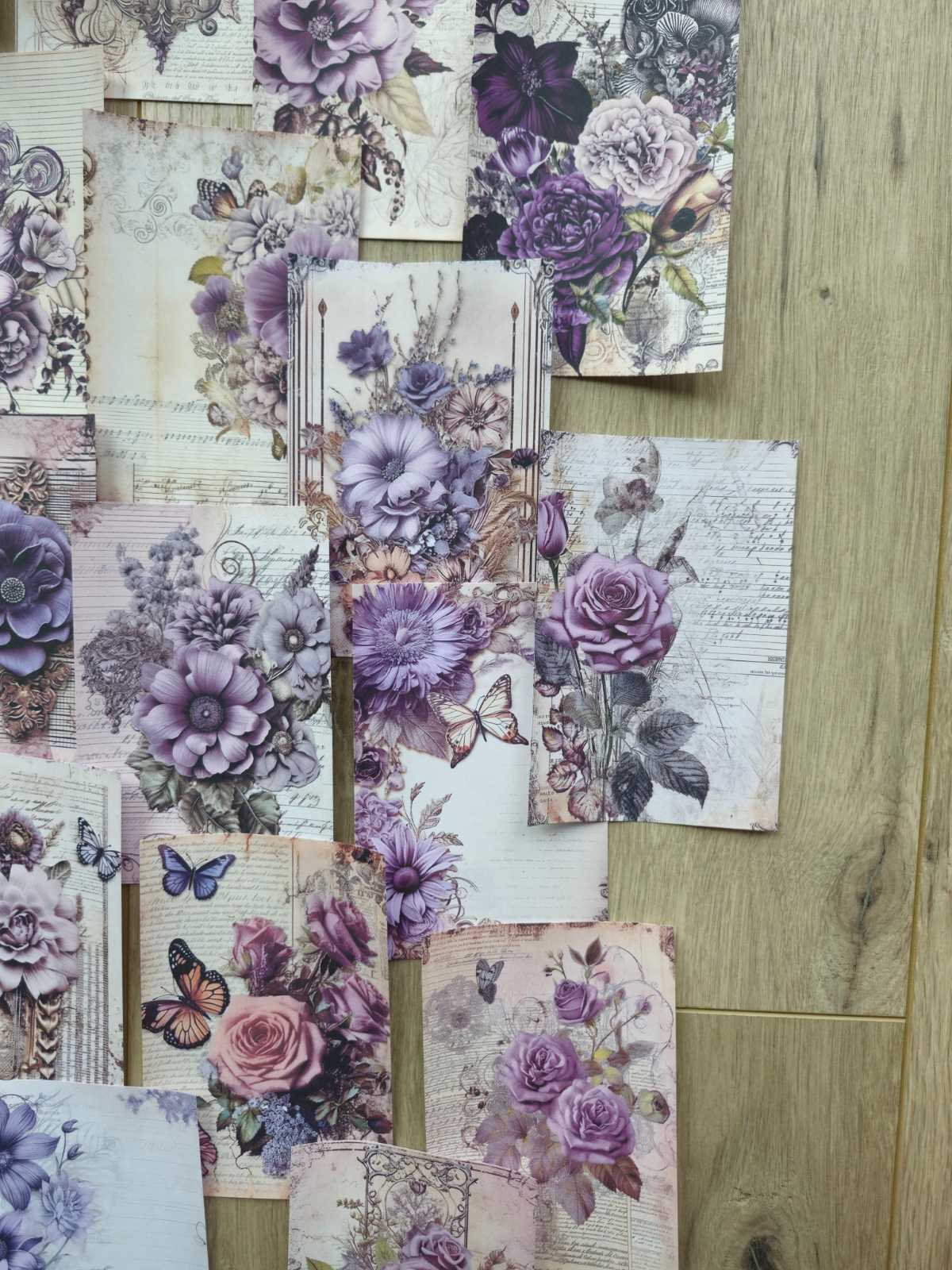 15 Adet Vintage Eskitme Mor Gül Çiçek Temalı Scrapbook Kağıt Seti Bullet Journal Dekupaj Kağıdı
