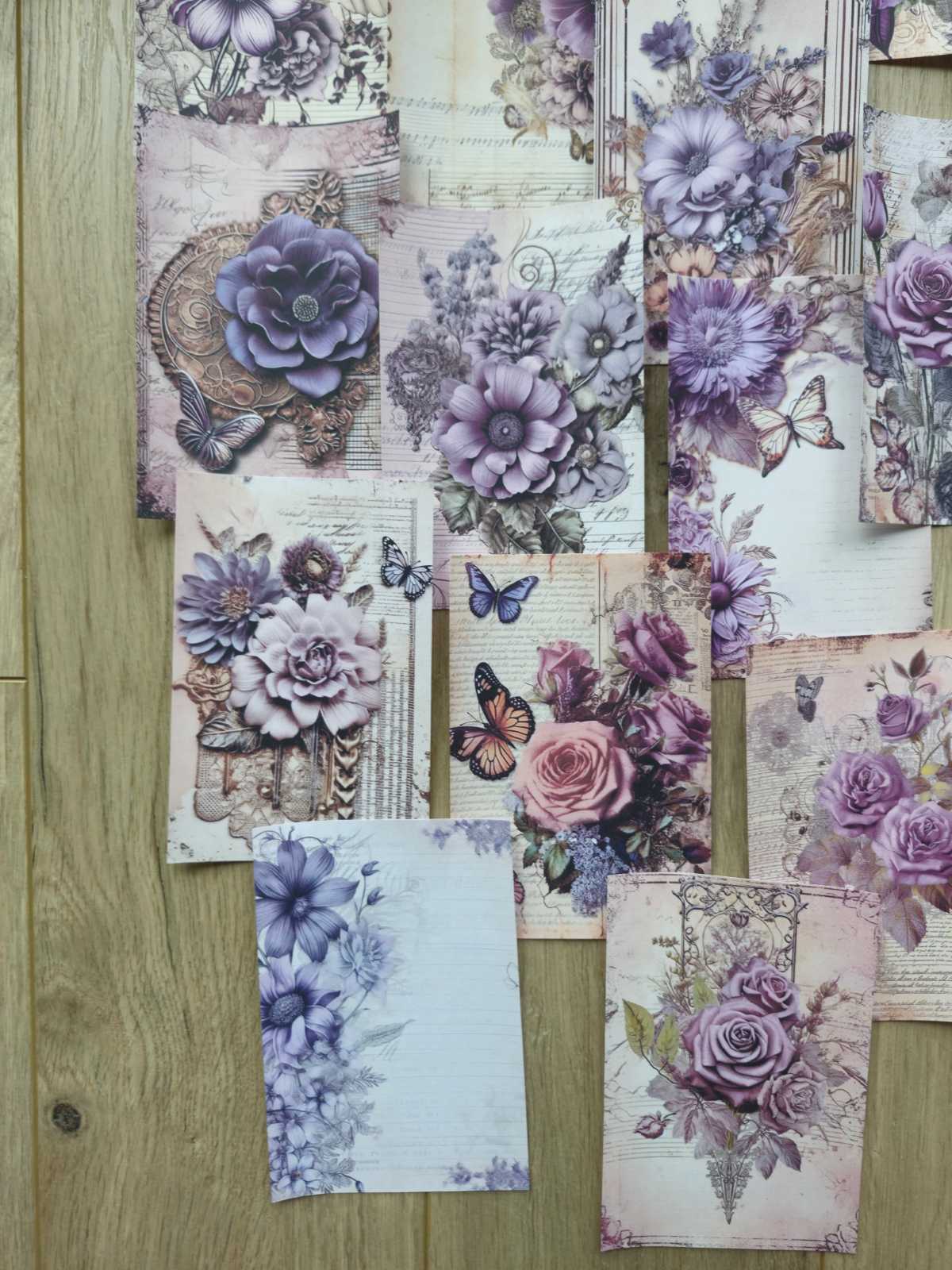 15 Adet Vintage Eskitme Mor Gül Çiçek Temalı Scrapbook Kağıt Seti Bullet Journal Dekupaj Kağıdı