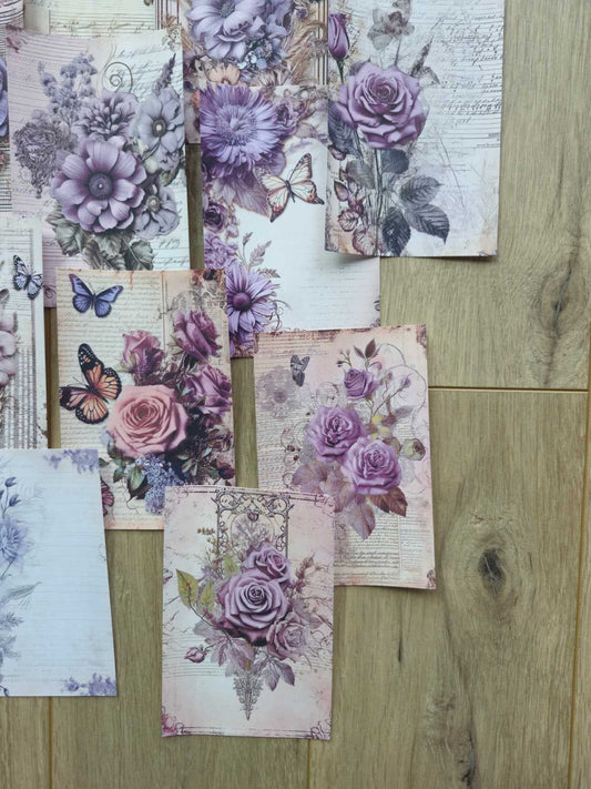 15 Adet Vintage Eskitme Mor Gül Çiçek Temalı Scrapbook Kağıt Seti Bullet Journal Dekupaj Kağıdı