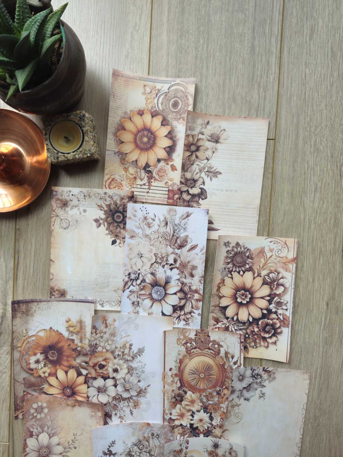 15 Adet Vintage Eskitme Kahverengi Gül Temalı Scrapbook Kağıt Seti Bullet Journal Dekupaj Kağıdı