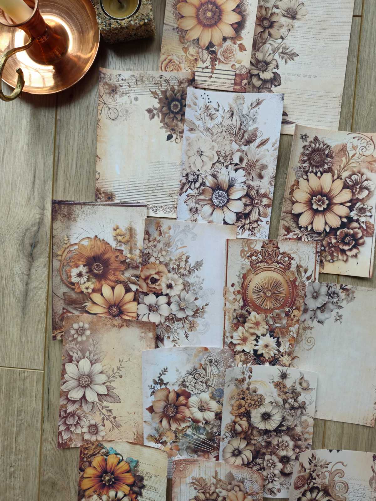 15 Adet Vintage Eskitme Kahverengi Gül Temalı Scrapbook Kağıt Seti Bullet Journal Dekupaj Kağıdı