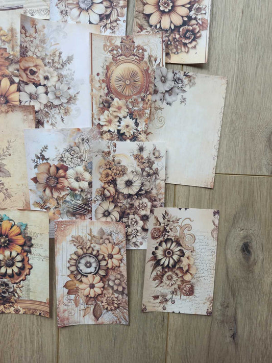 15 Adet Vintage Eskitme Kahverengi Gül Temalı Scrapbook Kağıt Seti Bullet Journal Dekupaj Kağıdı