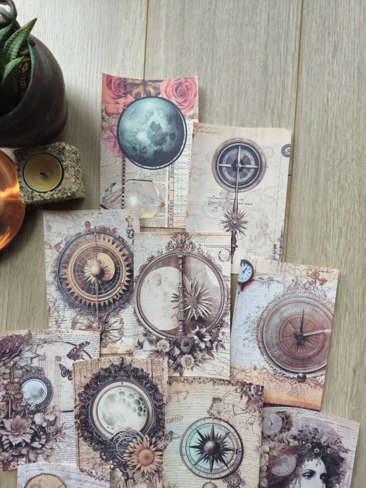 15 Adet Eskitme Gazete Ay Pusula Temalı Scrapbook Kağıt Seti Bullet Journal Dekupaj Kağıdı