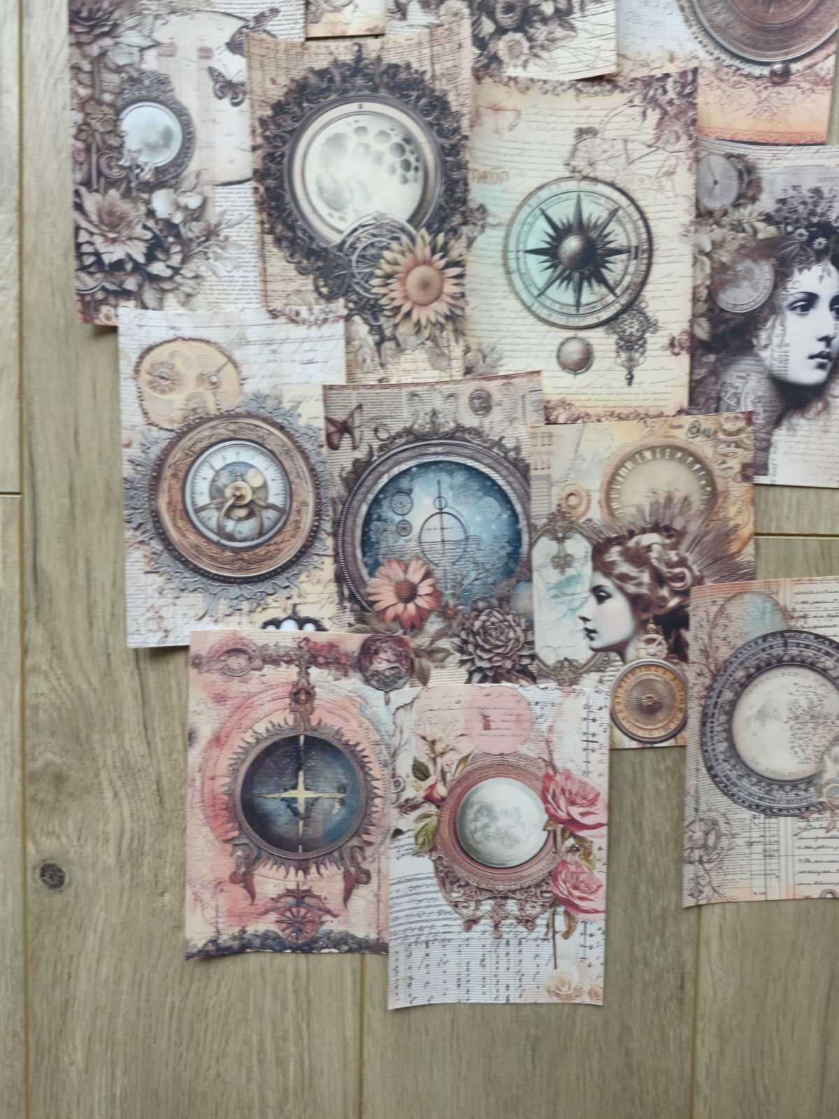 15 Adet Eskitme Gazete Ay Pusula Temalı Scrapbook Kağıt Seti Bullet Journal Dekupaj Kağıdı