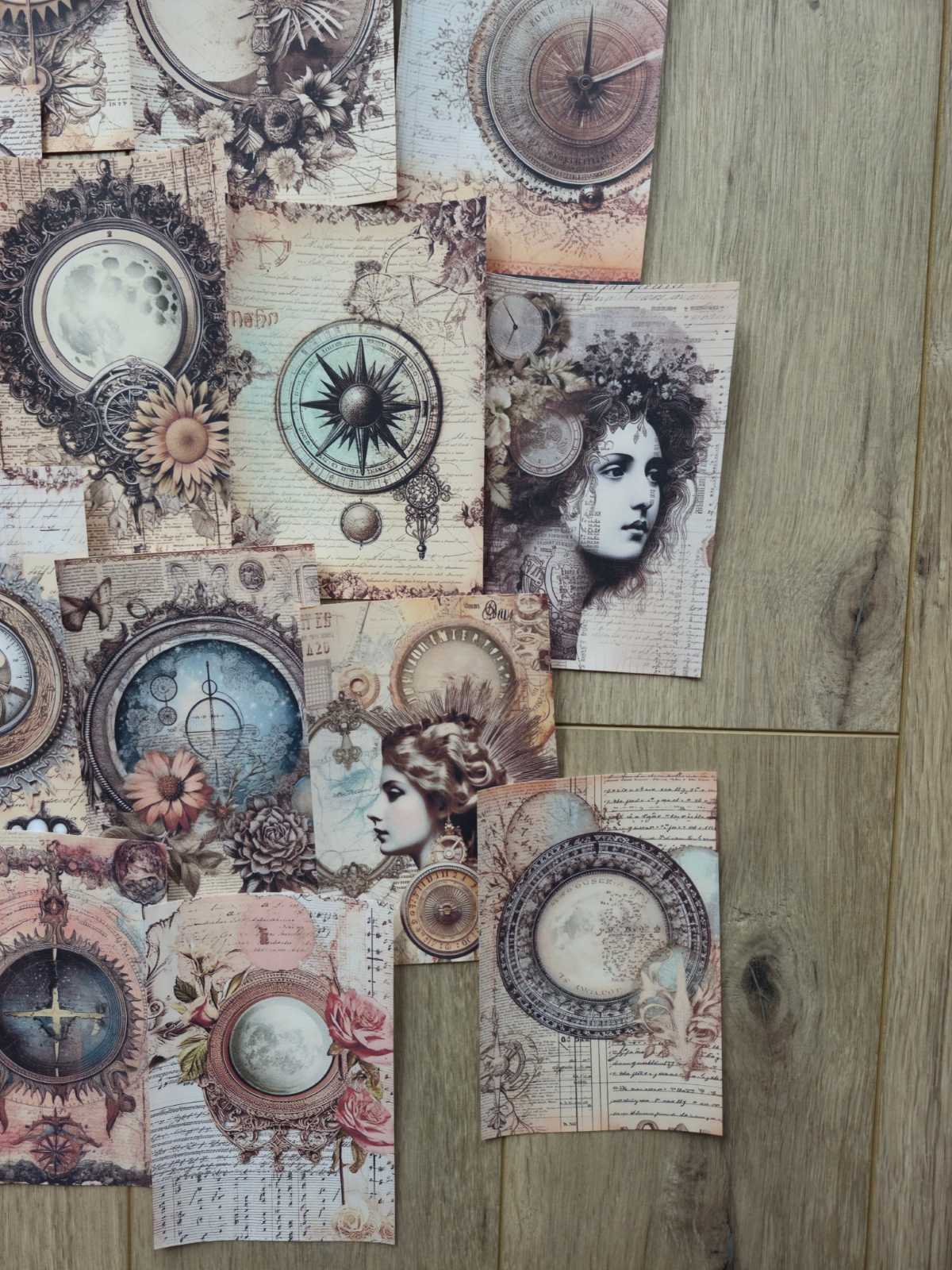 15 Adet Eskitme Gazete Ay Pusula Temalı Scrapbook Kağıt Seti Bullet Journal Dekupaj Kağıdı