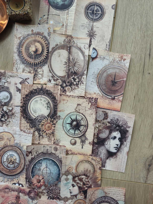 15 Adet Eskitme Gazete Ay Pusula Temalı Scrapbook Kağıt Seti Bullet Journal Dekupaj Kağıdı