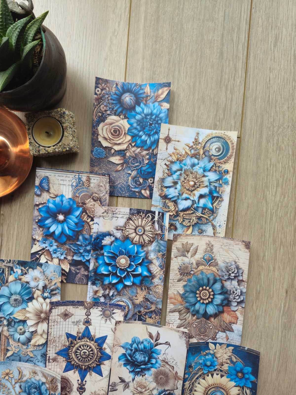 15 Adet Mavi Gold Gül Temalı Scrapbook Kağıt Seti Bullet Journal Dekupaj Kağıdı