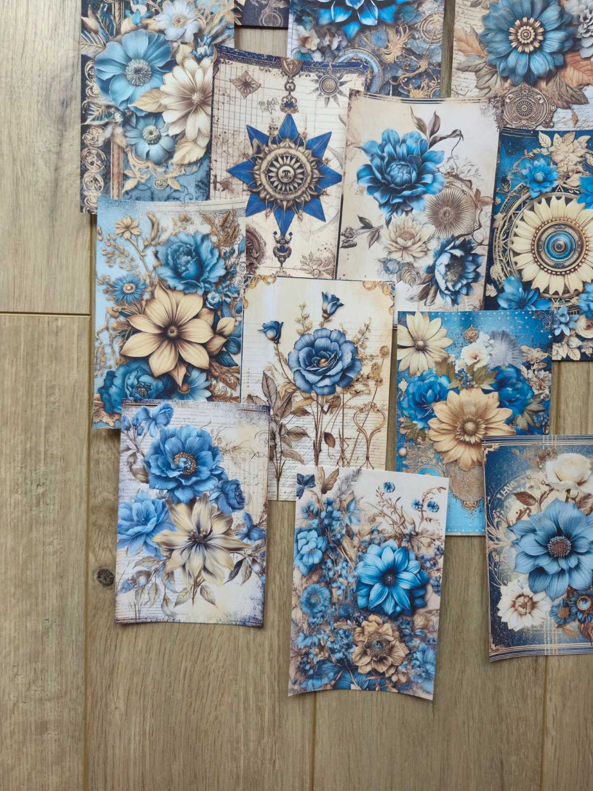 15 Adet Mavi Gold Gül Temalı Scrapbook Kağıt Seti Bullet Journal Dekupaj Kağıdı