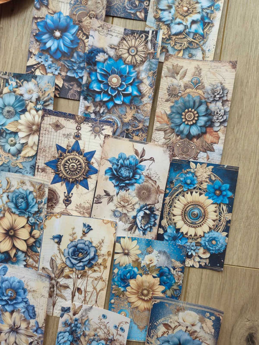 15 Adet Mavi Gold Gül Temalı Scrapbook Kağıt Seti Bullet Journal Dekupaj Kağıdı