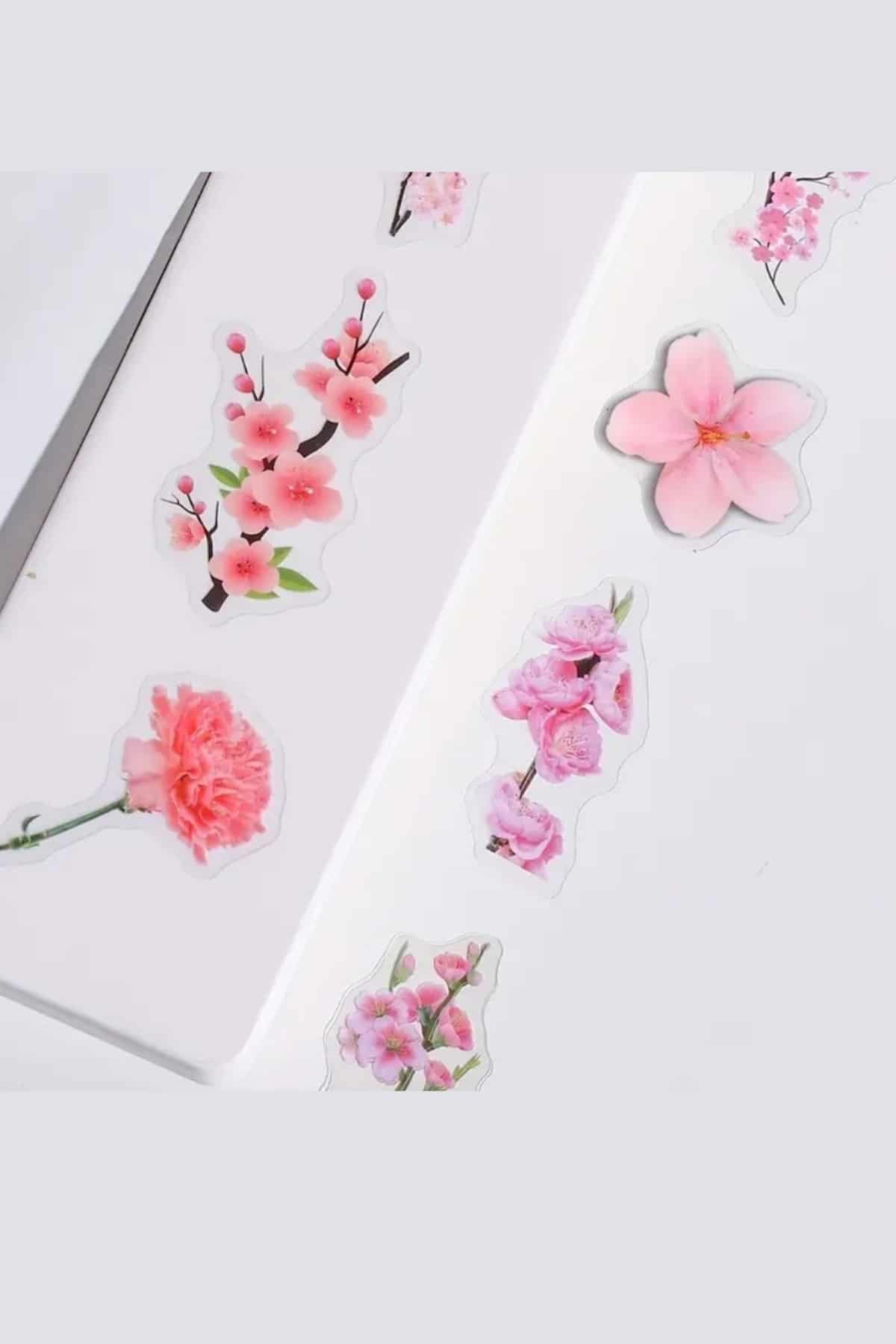 40 Adet Şeffaf Pembe Çiçek Sticker Bullet Journal Scrapbook Laptop Ajanda Planlayıcı Şeftali Çiçeği
