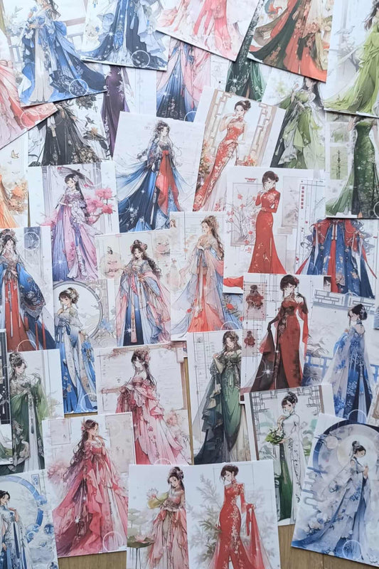 38 Adet Scrapbook Kağıt Seti Çin Japon Elibse Kız Yukata Temalı Bullet Journal Dekupaj Kağıdı