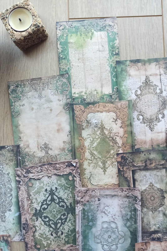 20 Adet Eskitme Vintage Yeşil Temalı Scrapbook Kağıt Seti Bullet Journal Dekupaj Kağıdı