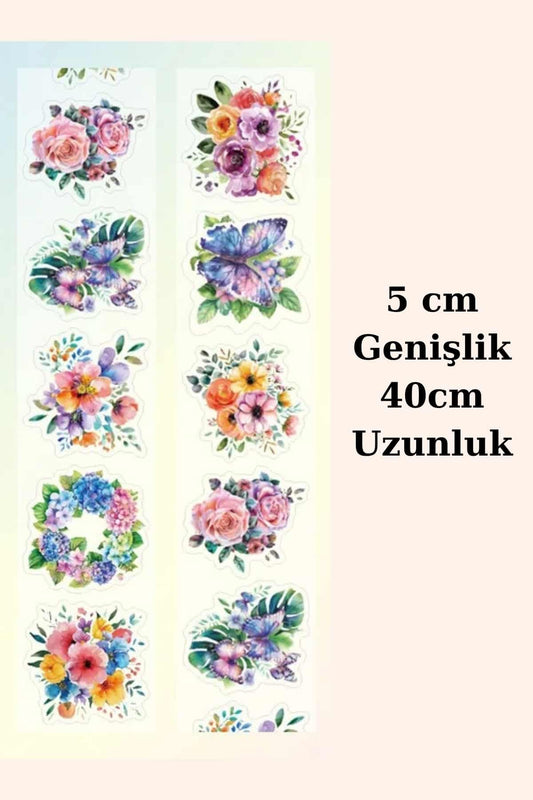 Pembe Şeffaf Çiçek Sticker Kesimli Bant Pet Tape Döngü 5x40cm Scrapbook Bullet Journal Ajanda Gül
