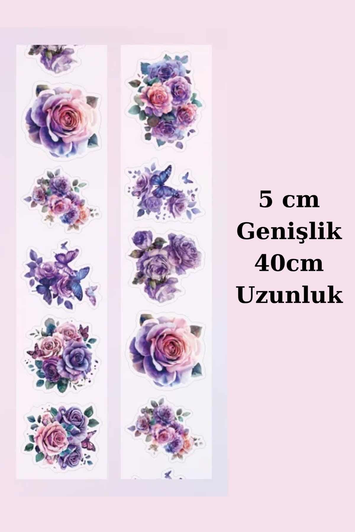 Pembe Şeffaf Çiçek Sticker Kesimli Bant Pet Tape Döngü 5x40cm Scrapbook Bullet Journal Ajanda Gül