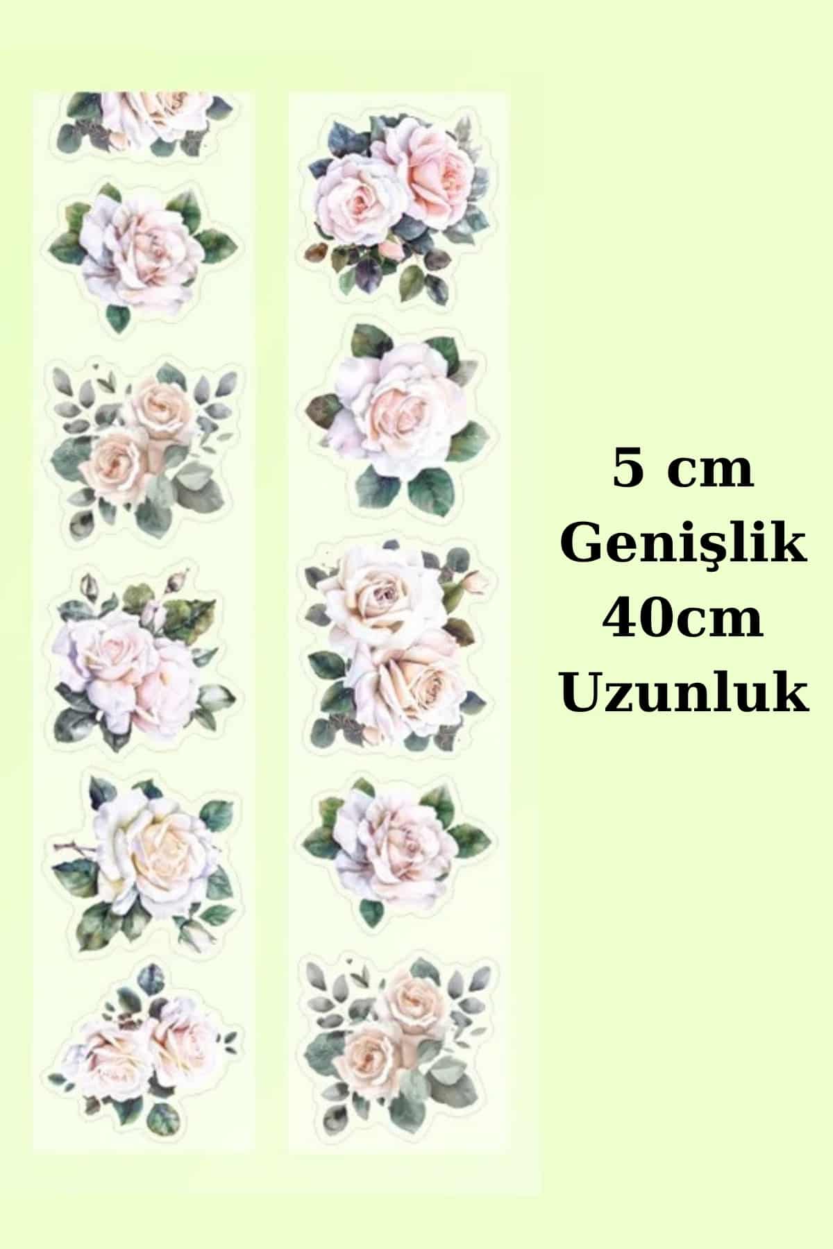 Pembe Şeffaf Çiçek Sticker Kesimli Bant Pet Tape Döngü 5x40cm Scrapbook Bullet Journal Ajanda Gül