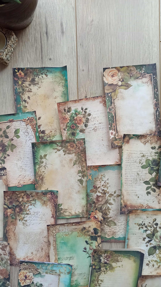 20 Adet Eskitme Vintage Yeşil Temalı Scrapbook Kağıt Seti Bullet Journal Dekupaj Kağıdı