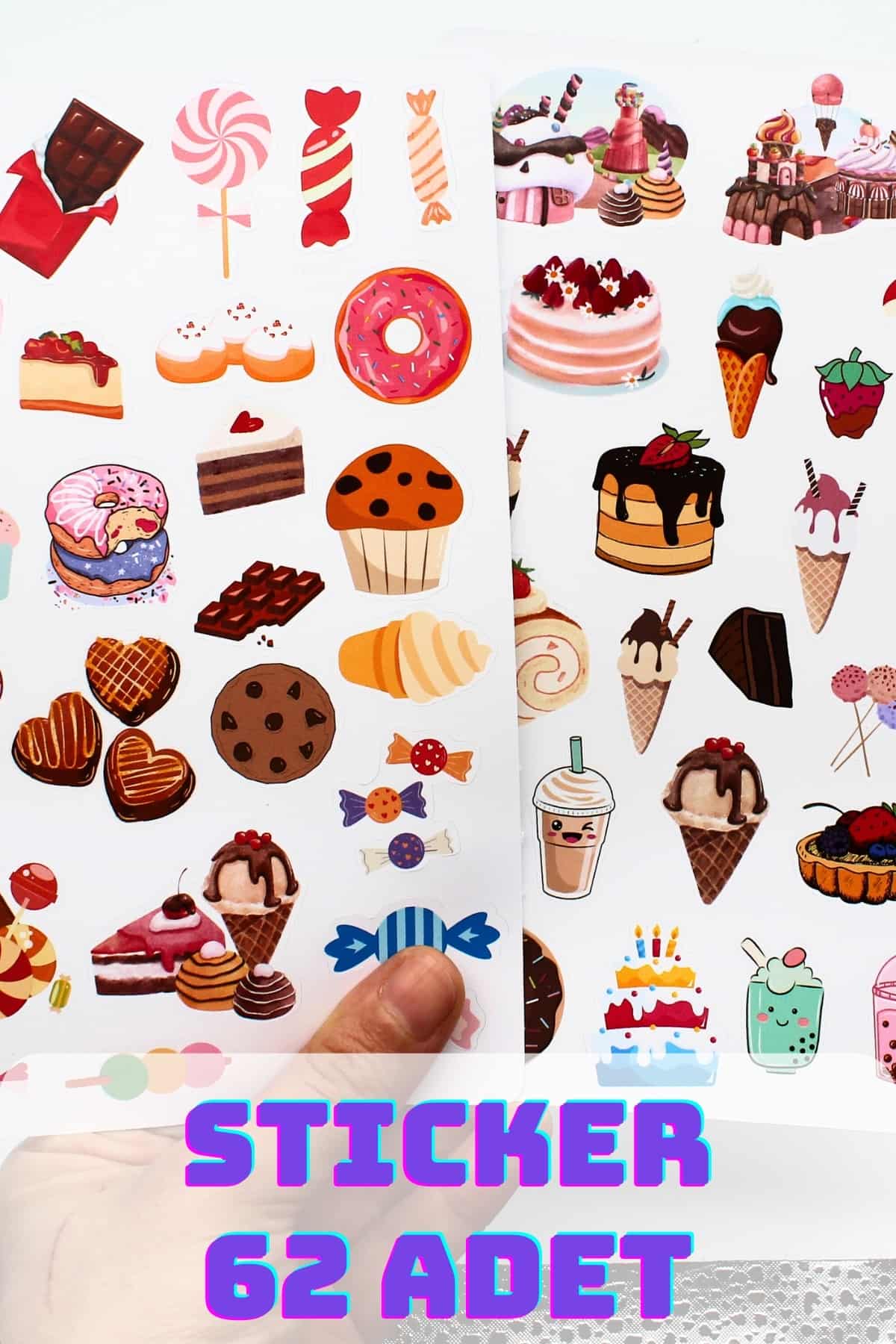 62 Adet Şekerleme Sticker Seti Tatlı Sticker Seti Sweets Laptop Sevimli Renkli Sticker