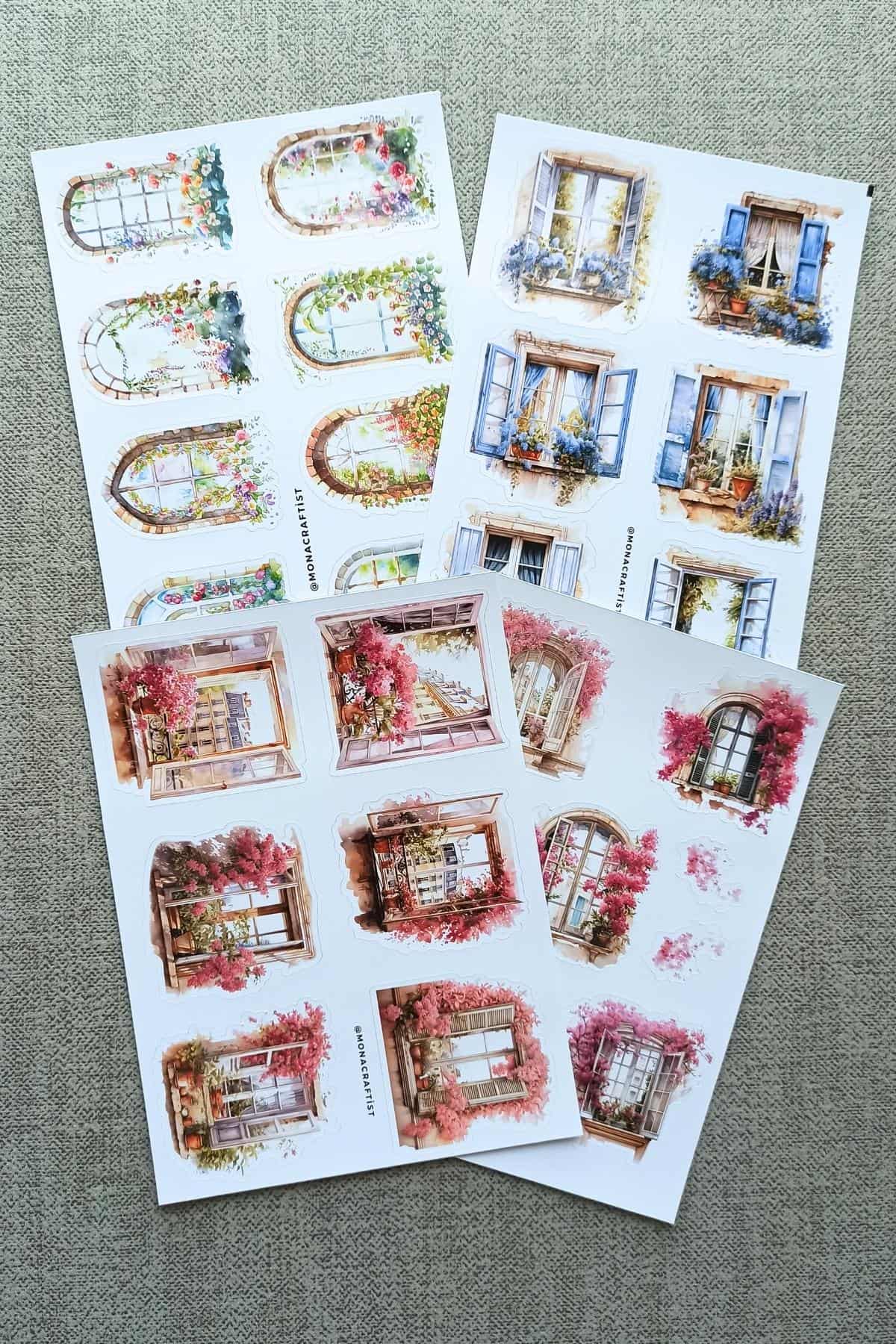 4 Sayfa Pencere Sticker Seti Fransız Balkon Sticker Çiçek Pencere Begonvil
