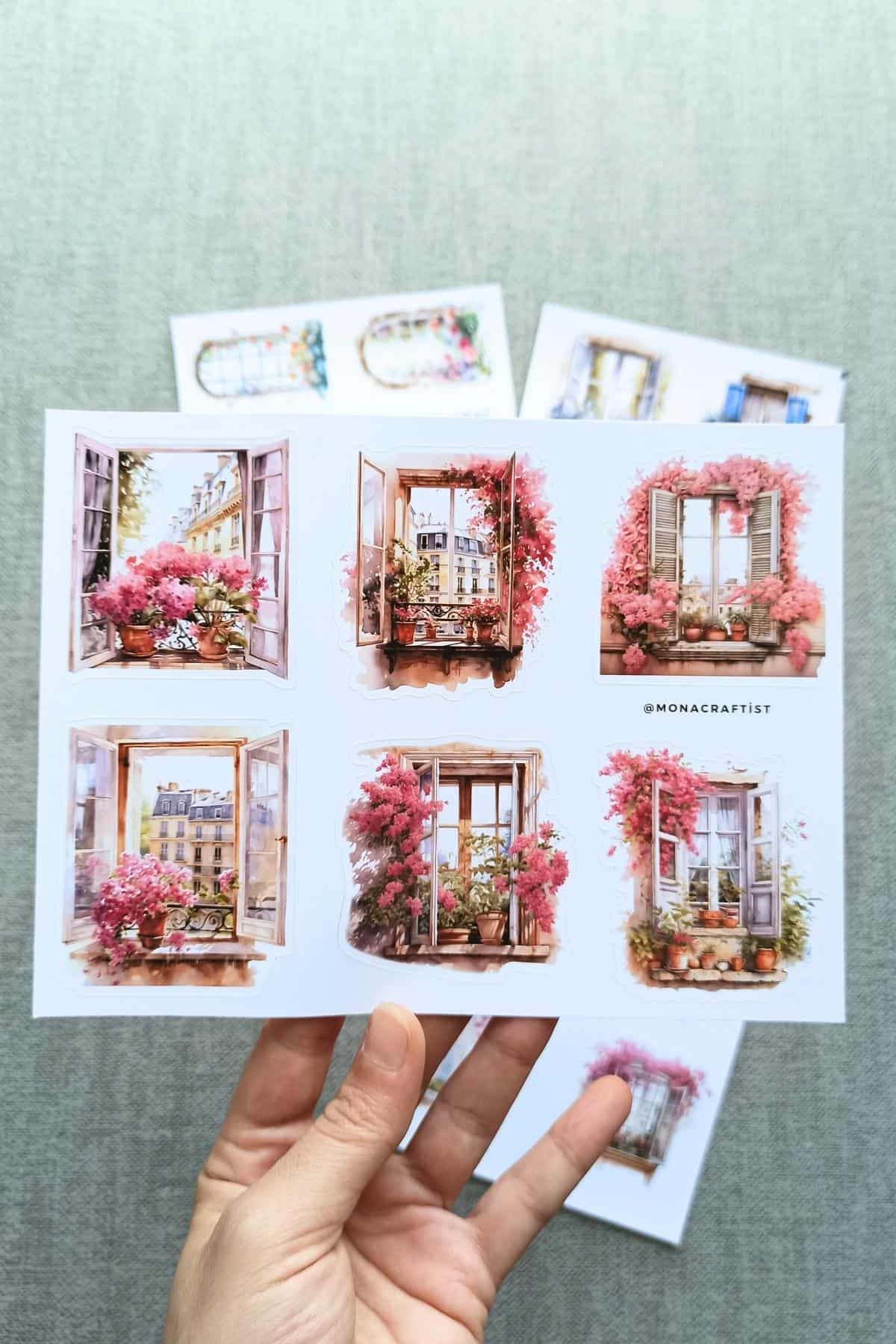4 Sayfa Pencere Sticker Seti Fransız Balkon Sticker Çiçek Pencere Begonvil