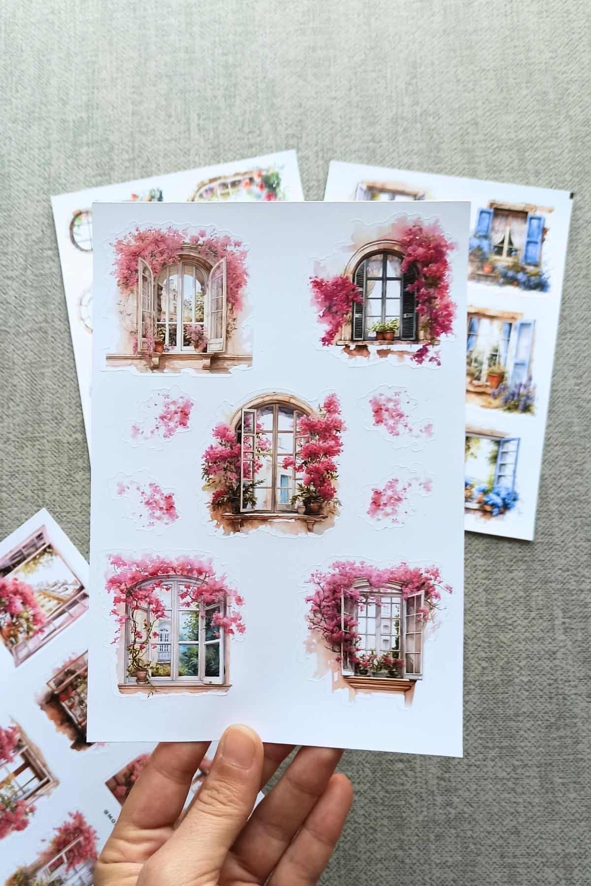 4 Sayfa Pencere Sticker Seti Fransız Balkon Sticker Çiçek Pencere Begonvil