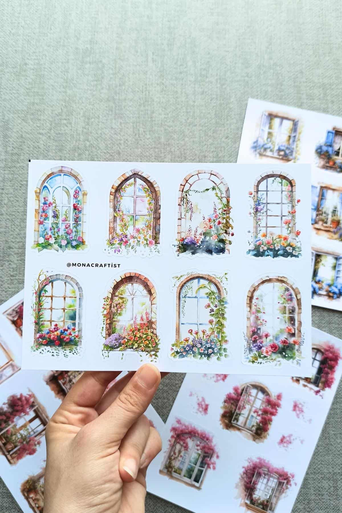 4 Sayfa Pencere Sticker Seti Fransız Balkon Sticker Çiçek Pencere Begonvil
