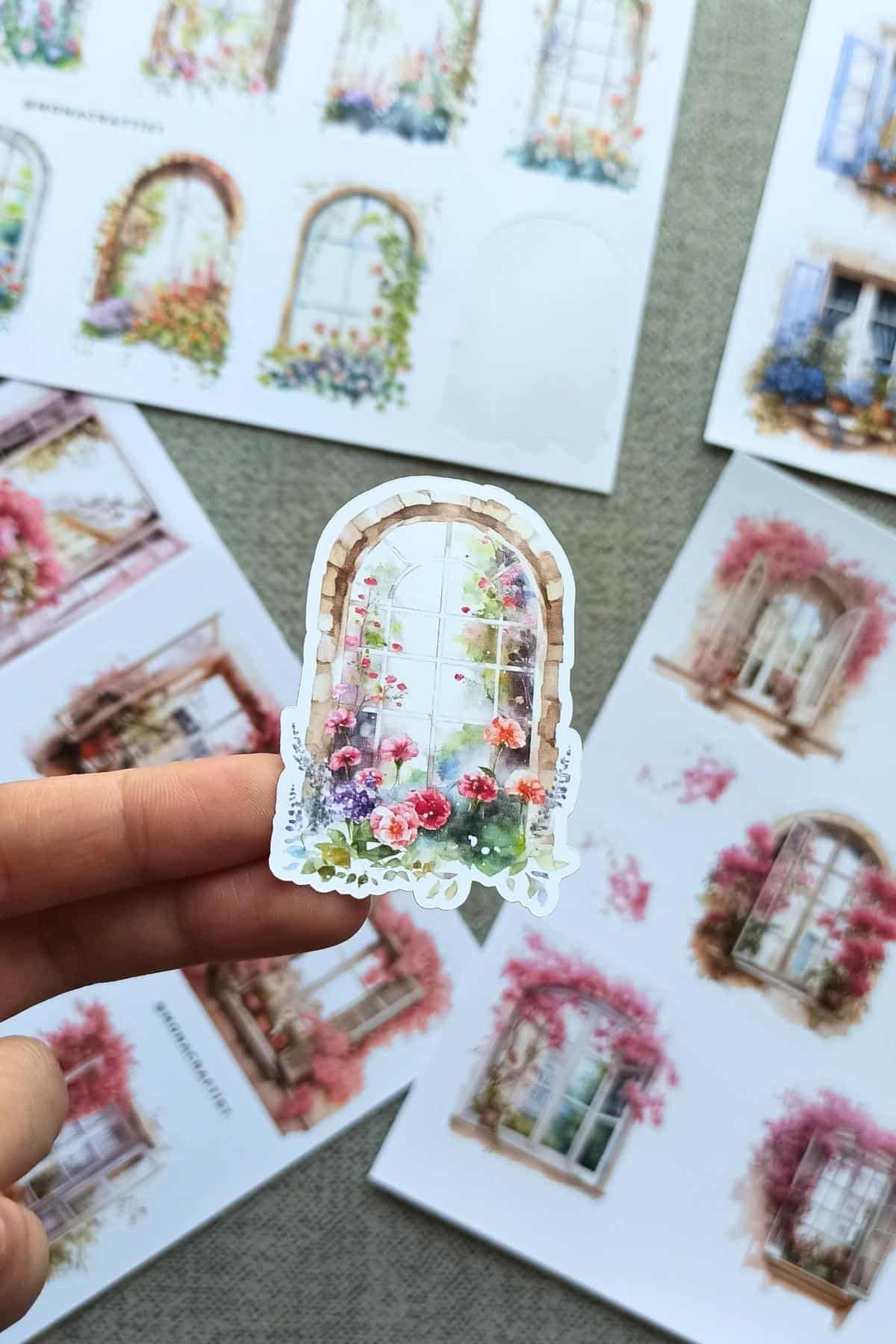 4 Sayfa Pencere Sticker Seti Fransız Balkon Sticker Çiçek Pencere Begonvil
