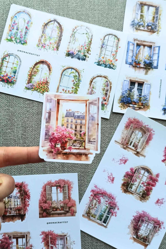 4 Sayfa Pencere Sticker Seti Fransız Balkon Sticker Çiçek Pencere Begonvil