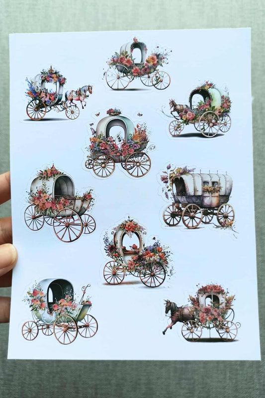 4 Sayfa 50 Adet Vintage Sticker Kelebek Çiçek Fincan At Arabası Sticker Seti