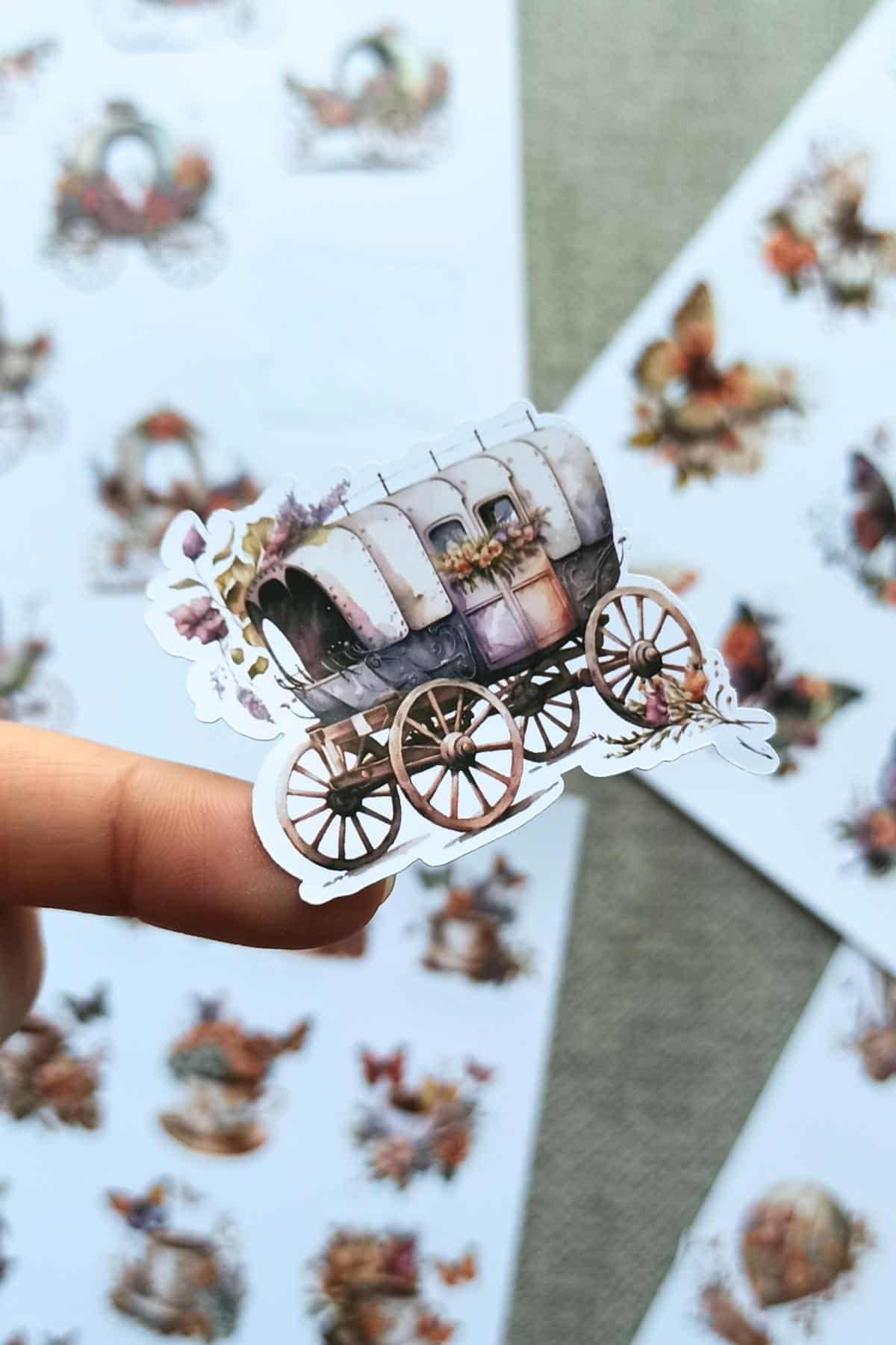 4 Sayfa 50 Adet Vintage Sticker Kelebek Çiçek Fincan At Arabası Sticker Seti