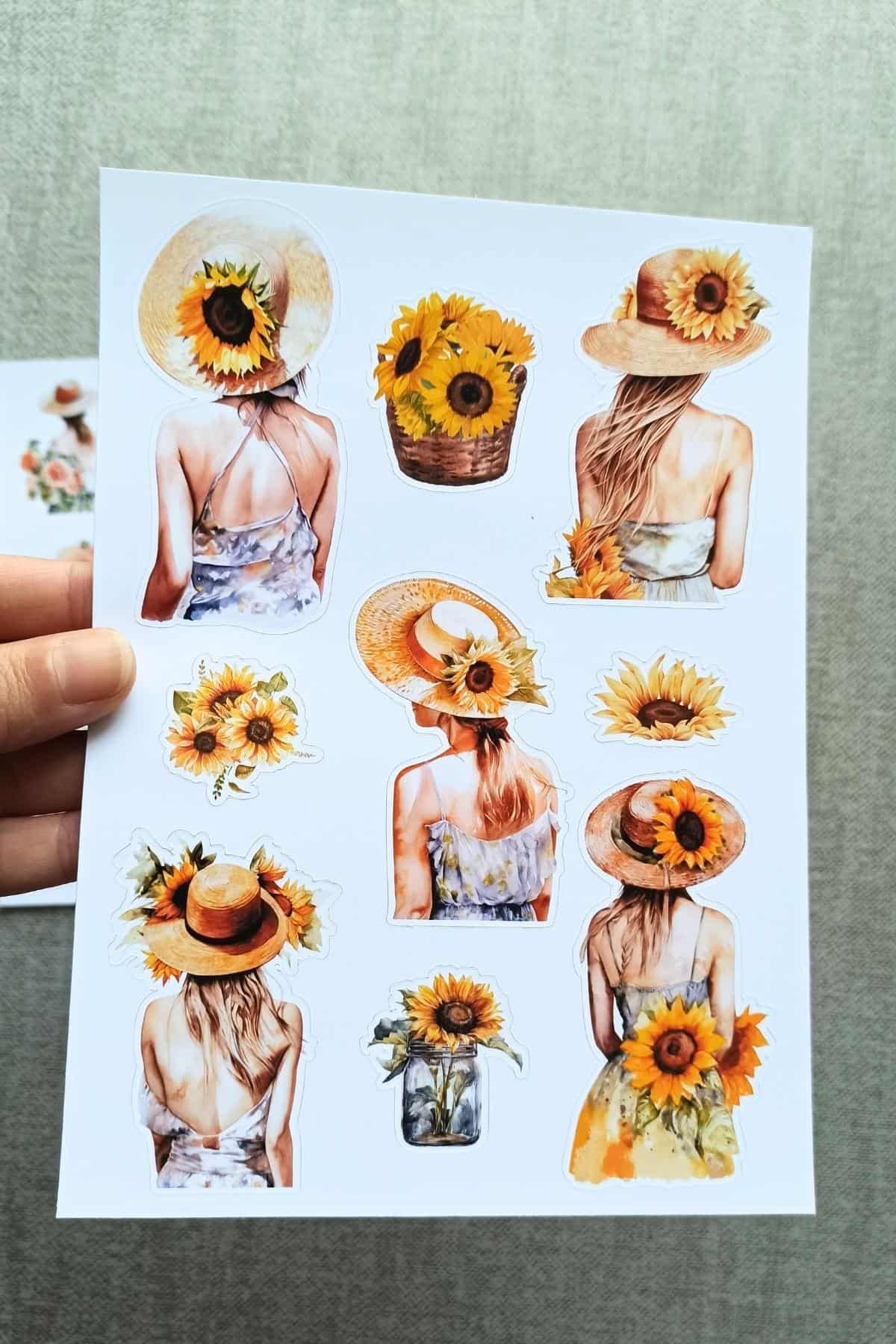 2 Sayfa Ayçiçeği Kız Sticker Gül Kız Sticker Hasır Şapkalı Kız