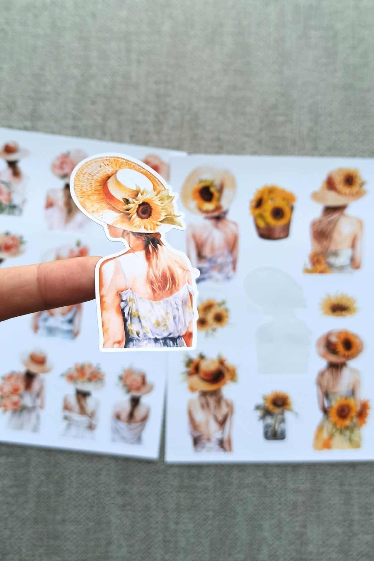 2 Sayfa Ayçiçeği Kız Sticker Gül Kız Sticker Hasır Şapkalı Kız